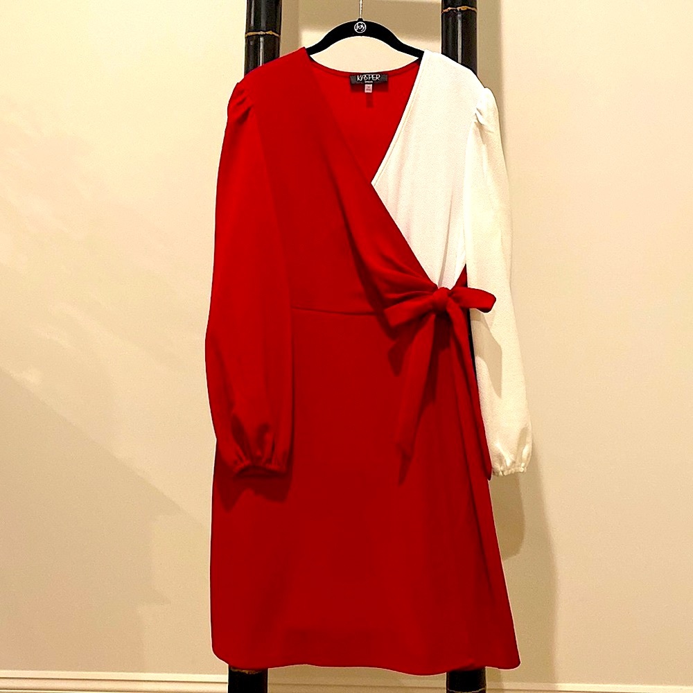 Kasper Crimson & Cream Colorblocked Surplice Side-Tie Dress Size M